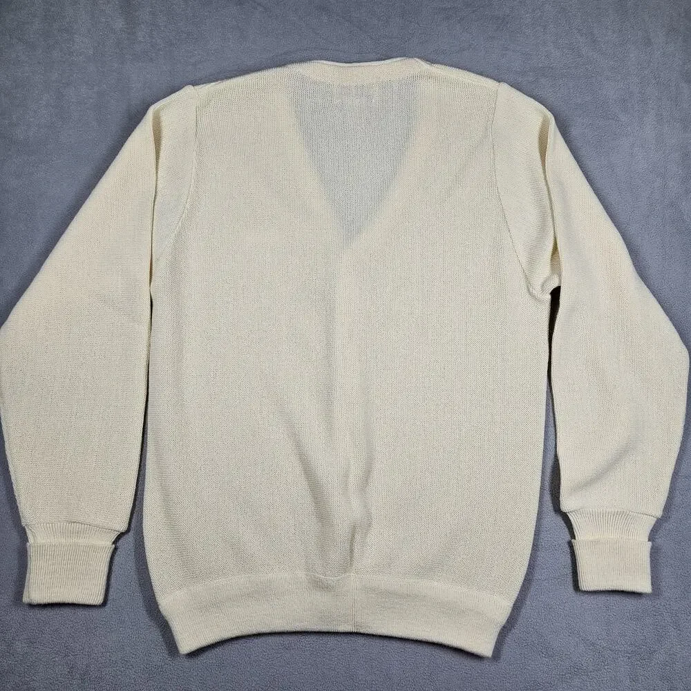 VINTAGE Izod Sweater Mens‎ Small Ivory Acrylic V-neck Cardigan Logo Grandpa
